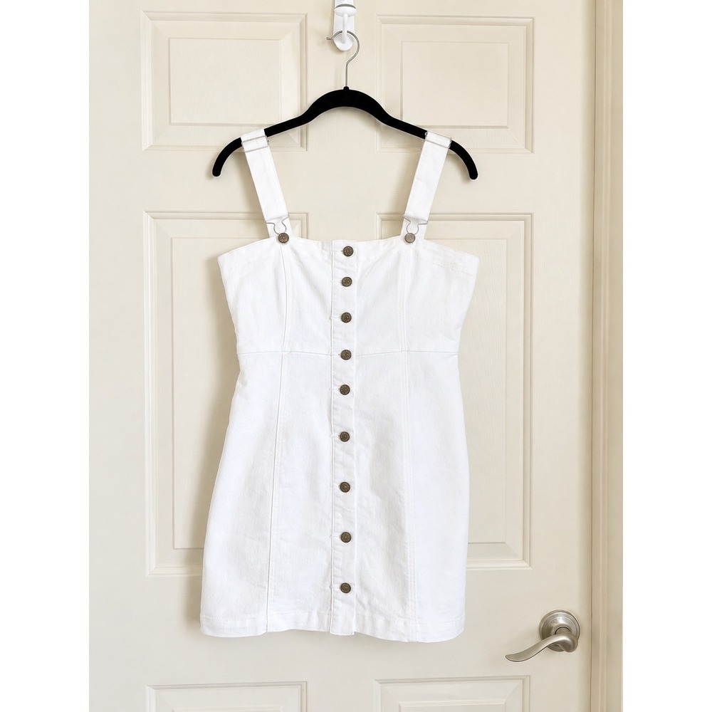 Forever 21 White Denim Button Front Overall Mini Dress Pinafore Y2K Size Medium